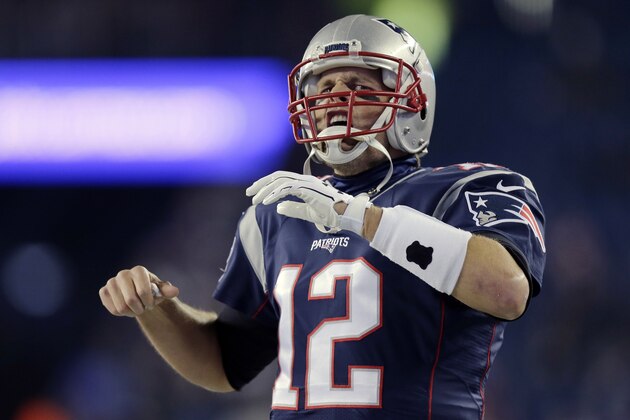 New England Patriots quarterback Tom Brady gets pumped up before an NFL football game against the Buffalo Bills, Monday, Nov. 23, 2015, in Foxborough, Mass. (AP Photo/Charles Krupa)