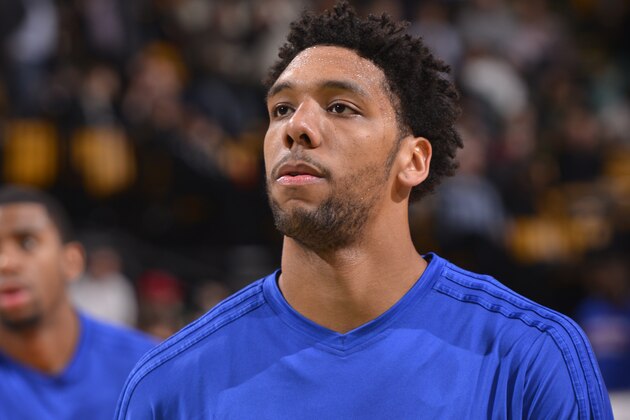 BOSTON, MA  - NOVEMBER 25: Jahlil Okafor #8 of the Philadelphia 76ers warms up before the game against the Boston Celtics on November 25, 2015 at the TD Garden in Boston, Massachusetts.. NOTE TO USER: User expressly acknowledges and agrees that, by downloading and or using this Photograph, user is consenting to the terms and conditions of the Getty Images License Agreement. Mandatory Copyright Notice: Copyright 2015 NBAE (Photo by David Dow/NBAE via Getty Images)