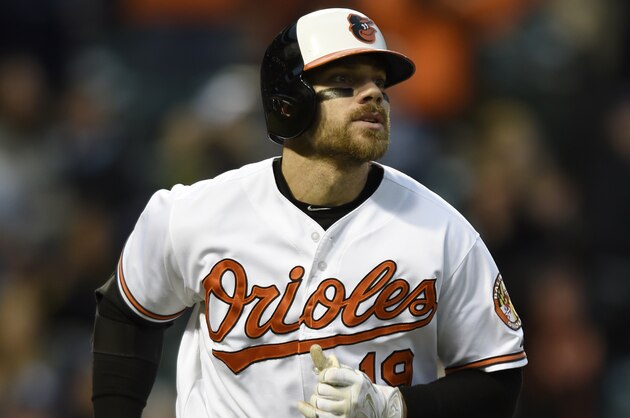 Baltimore Orioles' Chris Davis watches his two-run home run against the New York Yankees in the eighth inning of a baseball game in Baltimore, Sunday, Oct. 4, 2015. The Orioles won 9-4. (AP Photo/Gail Burton)