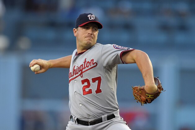 Washington Nationals starting pitcher Jordan Zimmermann throws to the plate during the first inning of a baseball game against the Los Angeles Dodgers, Wednesday, Aug. 12, 2015, in Los Angeles. (AP Photo/Mark J. Terrill)