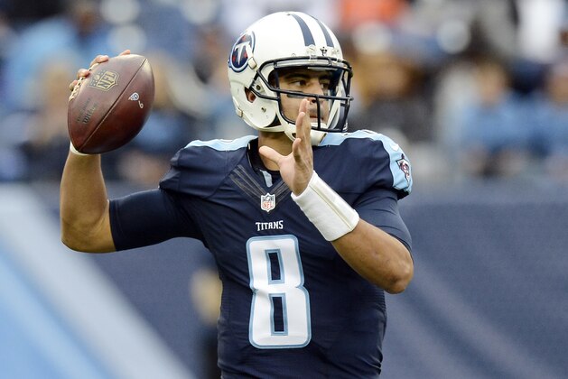 Tennessee Titans quarterback Marcus Mariota passes against the Oakland Raiders in the first half of an NFL football game Sunday, Nov. 29, 2015, in Nashville, Tenn. (AP Photo/Mark Zaleski)