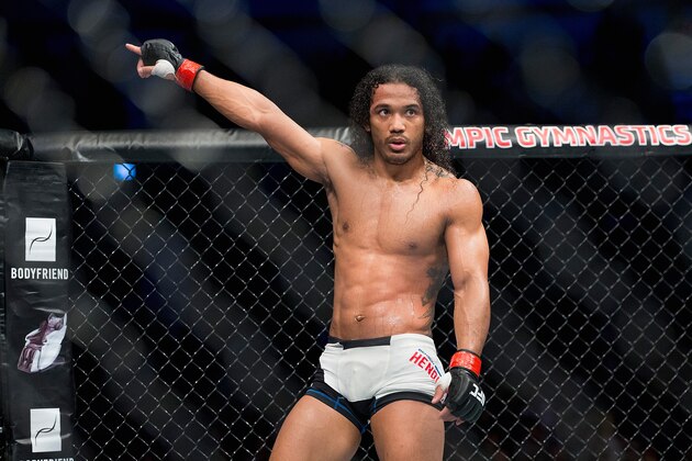 SEOUL, SOUTH KOREA - NOVEMBER 28:  Benson Henderson of the United States of America stares down Jorge Masvidal of the United States of America in their welterweight bout during the UFC Fight Night at the Olympic Park Gymnastics Arena on November 28, 2015 in Seoul, South Korea.  (Photo by Han Myung-Gu / Zuffa LLC/Zuffa LLC via Getty Images)