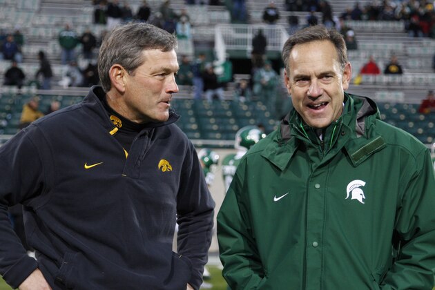 Iowa coach Kirk Ferentz, left, and Michigan State coach Mark Dantonio talk prior to the start of their NCAA college football game, Saturday, Oct. 24, 2009, in East Lansing, Mich.  (AP Photo/Al Goldis)
