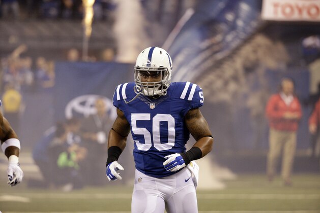 Indianapolis Colts inside linebacker Jerrell Freeman before an NFL football game against the New England Patriots in Indianapolis, Sunday, Oct. 18, 2015. (AP Photo/John Minchillo)