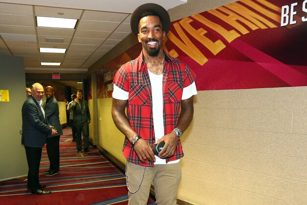 CLEVELAND, OH - JUNE 11:  J.R. Smith #5 of the Cleveland Cavaliers arrives on a Phunkeeduck prior to Game Four of the 2015 NBA Finals at The Quicken Loans Arena on June 11, 2015 in Cleveland, Ohio. NOTE TO USER: User expressly acknowledges and agrees that, by downloading and/or using this Photograph, user is consenting to the terms and conditions of the Getty Images License Agreement. Mandatory Copyright Notice: Copyright 2015 NBAE (Photo by Nathaniel S. Butler/NBAE via Getty Images)
