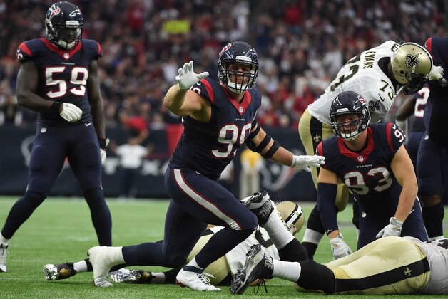 Houston Texans defensive end J.J. Watt (99) reacts to a play during the third quarter of an NFL football game, Sunday, Nov. 29, 2015, in Houston. (AP Photo/Eric Christian Smith)
