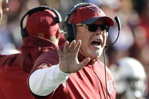 Arizona Cardinals head coach Bruce Arians gestures during the first half of an NFL football game against the San Francisco 49ers in Santa Clara, Calif., Sunday, Nov. 29, 2015. (AP Photo/Marcio Jose Sanchez)