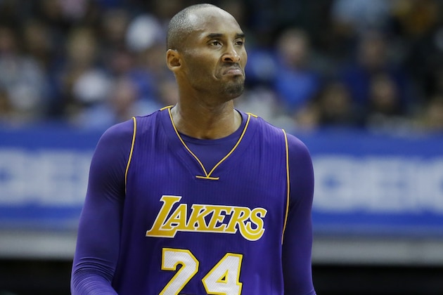 Los Angeles Lakers forward Kobe Bryant (24) reacts to a call during the second half of an NBA basketball game against the Dallas Mavericks Friday, Nov. 13, 2015, in Dallas. (AP Photo/LM Otero) Los Angeles Lakers forward Kobe Bryant (24) reacts to a call during the second half of an NBA basketball game against the Dallas Mavericks Friday, Nov. 13, 2015, in Dallas. (AP Photo/LM Otero)