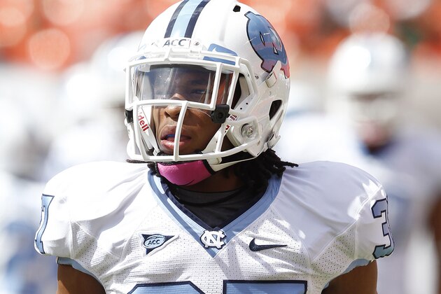MIAMI GARDENS, FL - OCTOBER 13: T.J. Jiles #37 of the North Carolina Tar Heels warms up prior to the game against the Miami Hurricanes on October 13, 2012 at Sun Life Stadium in Miami Gardens, Florida. The Tar Heels defeated the Hurricanes 18-14. (Photo by Joel Auerbach/Getty Images)