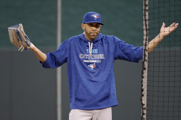 Toronto Blue Jays starting pitcher David Price watches during batting practice before baseball's American League Championship Series Thursday, Oct. 15, 2015 in  Kansas City, Mo. The Toronto Blue Jays will face the Kansas City Royals in Game 1 tomorrow. (AP Photo/Matt Slocum)