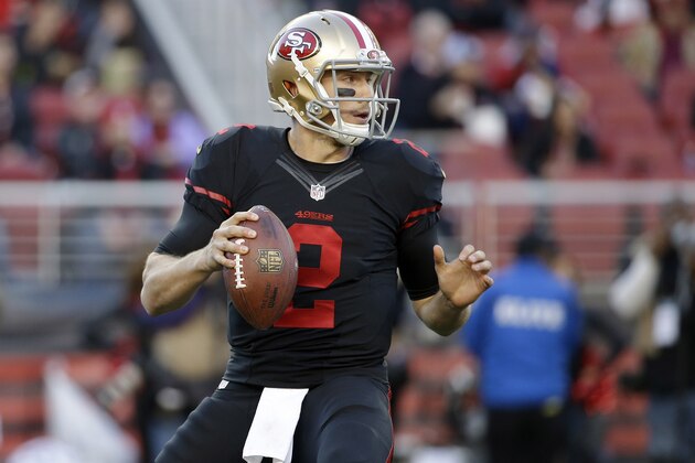 San Francisco 49ers quarterback Blaine Gabbert (2) passes against the Arizona Cardinals during the second half of an NFL football game in Santa Clara, Calif., Sunday, Nov. 29, 2015. (AP Photo/Marcio Jose Sanchez)