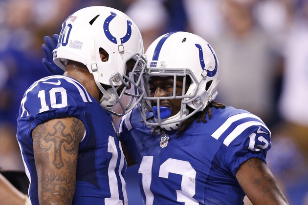 INDIANAPOLIS, IN - OCTOBER 18:T.Y Hilton #12 and Donte Moncrief #10 of the Indianapolis Colts celebrate after a touchdown in the second quarter of the game against the  New England Patriots at Lucas Oil Stadium on October 18, 2015 in Indianapolis, Indiana. (Photo by Joe Robbins/Getty Images)