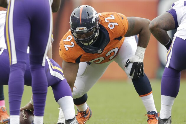Denver Broncos nose tackle Sylvester Williams lines up during an NFL football game between the Denver Broncos and the Minnesota Vikings Sunday, Oct. 4, 2015, in Denver. (AP Photo/Jack Dempsey)