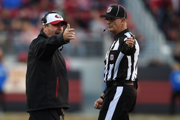 SANTA CLARA, CA - NOVEMBER 29:  Head coach Jim Tomsula of the San Francisco 49ers  speaks with an official during their NFL game against the Arizona Cardinals at Levi's Stadium on November 29, 2015 in Santa Clara, California.  (Photo by Thearon W. Henderson/Getty Images)
