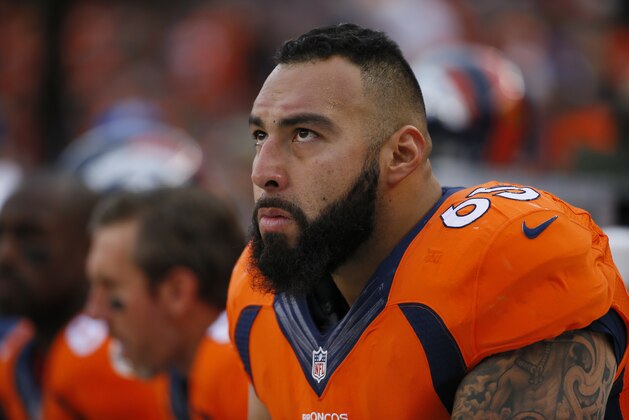 Denver Broncos offensive guard Louis Vasquez looks on during an NFL football game between the Denver Broncos and the Kansas City Chiefs, Sunday, Nov. 15, 2015, in Denver. (AP Photo/Jack Dempsey)