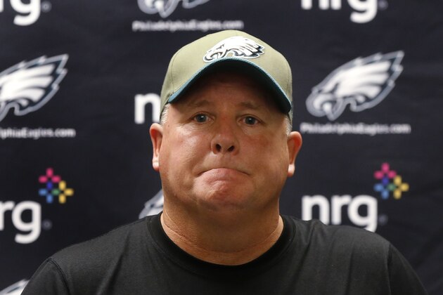 Philadelphia Eagles head coach Chip Kelly addresses the media after an NFL football game against the Detroit Lions, Thursday, Nov. 26, 2015, in Detroit. The Lions defeated the Eagles 45-14. (AP Photo/Paul Sancya)