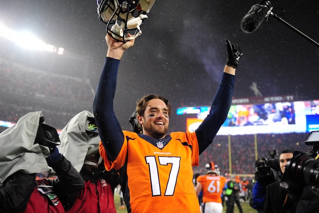 Nov 29, 2015; Denver, CO, USA; Denver Broncos quarterback Brock Osweiler (17) celebrates following the overtime against the New England Patriots at Sports Authority Field at Mile High. The Broncos defeated the Patriots 30-24 in overtime. Mandatory Credit: Ron Chenoy-USA TODAY Sports