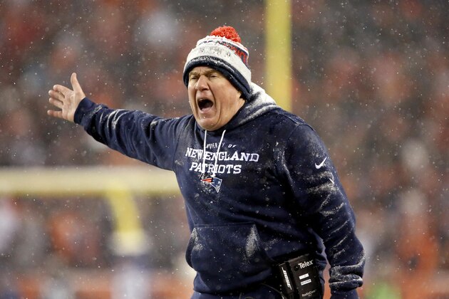 New England Patriots head coach Bill Belichick yells to the officials during the second half of an NFL football game against the Denver Broncos, Sunday, Nov. 29, 2015, in Denver. (AP Photo/Joe Mahoney)