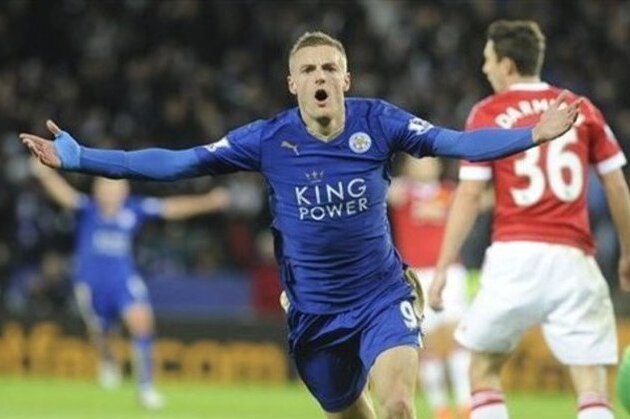 Leicester’s Jamie Vardy celebrates after scoring against Manchester United, his eleventh consecutive goal in the Premier League, during the English Premier League soccer match between Leicester City and Manchester United at the King Power Stadium, Leicester, England, Saturday, Nov. 28, 2015. Vardy becomes the first man to score in 11 consecutive English Premier League soccer matches after finding the back of the net against Manchester United today.(AP Photo/Rui Vieira)
