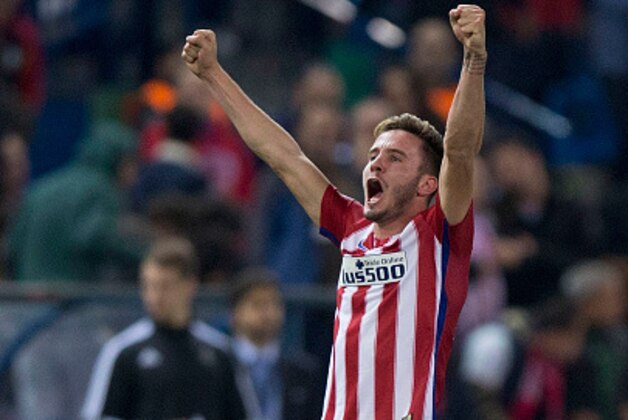 MADRID, SPAIN - OCTOBER 21:  Saul Niguez (2ndR) celebrates scoring their opening goal during the UEFA Champions League Group C match between Club Atletico de Madrid and FC Astana at Vicente Calderon stadium on October 21, 2015 in Madrid, Spain.  (Photo by Gonzalo Arroyo Moreno/Getty Images)