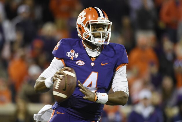 Clemson quarterback Deshaun Watson (4) looks to pass during the second half of an NCAA college football game against Wake Forest on Saturday, Nov. 21, 2015, in Clemson, S.C. (AP Photo/Rainier Ehrhardt)