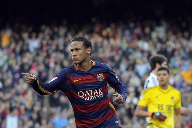 FC Barcelona's Neymar reacts after scoring against Real Sociedad during a Spanish La Liga soccer match at the Camp Nou stadium in Barcelona, Spain, Saturday, Nov. 28, 2015. (AP Photo/Manu Fernandez)