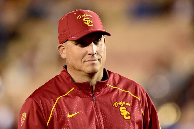 LOS ANGELES, CA - NOVEMBER 07:  Head coach Clay Helton of the USC Trojans before the game against the Arizona Wildcats at Los Angeles Coliseum on November 7, 2015 in Los Angeles, California.  (Photo by Harry How/Getty Images)