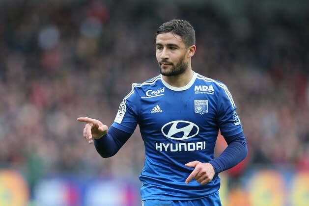 Lyon's forward Nabil Fekir jubilates as he scored the first goal during his French League One soccer match against Guingamp, in Guingamp, westernFrance, Saturday, April 4, 2015. Lyon won 3-1. (AP Photo/David Vincent)