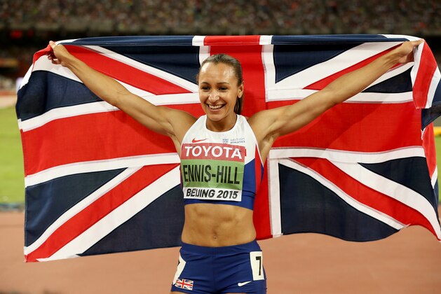 BEIJING, CHINA - AUGUST 23:  Jessica Ennis-Hill of Great Britain celebrates after winning the Women's Heptathlon 800 metres and the overall Heptathlon gold during day two of the 15th IAAF World Athletics Championships Beijing 2015 at Beijing National Stadium on August 23, 2015 in Beijing, China.  (Photo by Andy Lyons/Getty Images)