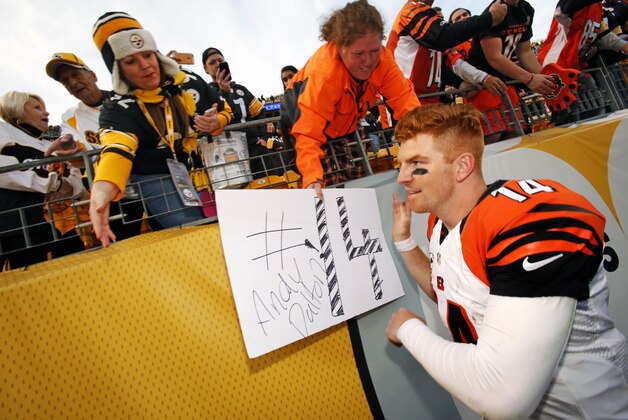 Cincinnati Bengals quarterback Andy Dalton (14) celebrates with fans as he leaves the field after a 16-10 win over the Pittsburgh Steelers in an NFL football game in Pittsburgh, Sunday, Nov. 1, 2015. (AP Photo/Gene J. Puskar)