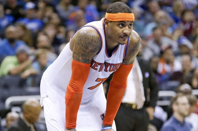New York Knicks forward Carmelo Anthony (7) prepares to rebound from a free throw during the second half of an NBA basketball game against the Orlando Magic, Wednesday, Nov. 25, 2015, in Orlando, Fla. Orlando won 100-91. (AP Photo/John Raoux)