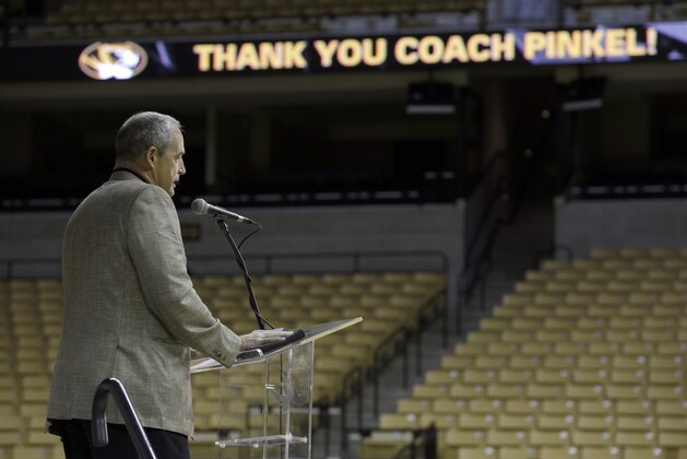 University of Missouri head football coach Gary Pinkel speaks during a news conference Monday, Nov. 16, 2015, in Columbia, Mo. Pinkel has announced he will resign following the 2015 season after being diagnosed with lymphoma in May. (AP Photo/Jeff Roberson)
