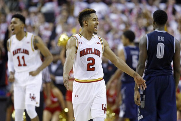 Maryland guard Melo Trimble (2) celebrates after an NCAA college basketball game against Georgetown, Tuesday, Nov. 17, 2015, in College Park, Md. Trimble contributed a game-high 24 points to Maryland's 75-71 win. (AP Photo/Patrick Semansky)