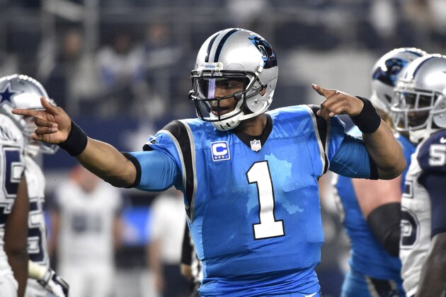 Carolina Panthers quarterback Cam Newton (1) celebrates a first down against the Dallas Cowboys in the second half of an NFL football game, Thursday, Nov. 26, 2015, in Arlington, Texas. The Panthers won 33-14. (AP Photo/Michael Ainsworth)