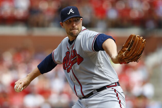 Atlanta Braves relief pitcher Jim Johnson throws during a baseball game against the St. Louis Cardinals, Sunday, July 26, 2015, in St. Louis. (AP Photo/Billy Hurst)