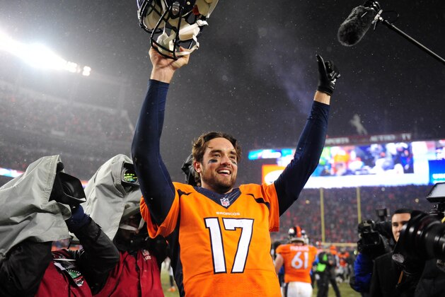 Nov 29, 2015; Denver, CO, USA; Denver Broncos quarterback Brock Osweiler (17) celebrates following the overtime against the New England Patriots at Sports Authority Field at Mile High. The Broncos defeated the Patriots 30-24 in overtime. Mandatory Credit: Ron Chenoy-USA TODAY Sports