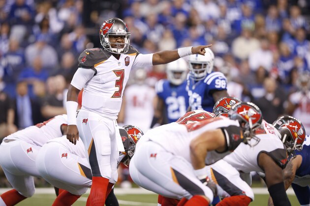 INDIANAPOLIS, IN - NOVEMBER 29: Jameis Winston #3 of the Tampa Bay Buccaneers looks over the defense before a play against the Indianapolis Colts during the game at Lucas Oil Stadium on November 29, 2015 in Indianapolis, Indiana. The Colts defeated the Bucs 25-12. (Photo by Joe Robbins/Getty Images)