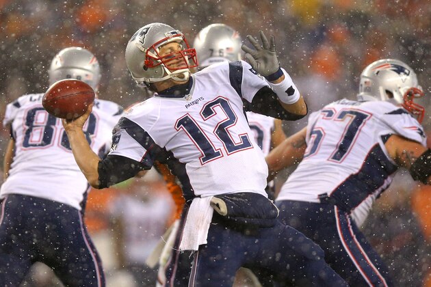 DENVER, CO - NOVEMBER 29: Quarterback Tom Brady #12 of the New England Patriots throws the ball against the Denver Broncos in the second quarter at Sports Authority Field at Mile High on November 29, 2015 in Denver, Colorado. (Photo by Justin Edmonds/Getty Images)