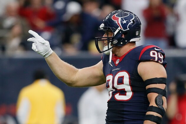 HOUSTON, TX - NOVEMBER 29:  J.J. Watt #99 of the Houston Texans celerbates after sacking Drew Brees #9 of the New Orleans Saints at NRG Stadium on November 29, 2015 in Houston, Texas.  (Photo by Bob Levey/Getty Images)
