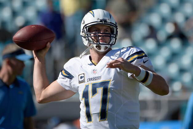 San Diego Chargers quarterback Philip Rivers (17) throws during warmups before an NFL football game against the Jacksonville Jaguars in Jacksonville, Fla., Sunday, Nov. 29, 2015. (AP Photo/Phelan M. Ebenhack)