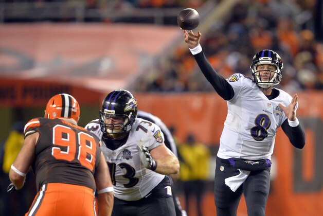 Baltimore Ravens quarterback Matt Schaub (8) passes in the second half of an NFL football game against the Cleveland Browns, Monday, Nov. 30, 2015, in Cleveland. (AP Photo/David Richard)