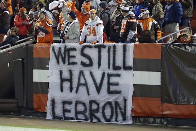 The Cleveland Browns fans watch in the second half of an NFL football game against the Baltimore Ravens, Monday, Nov. 30, 2015, in Cleveland. (AP Photo/Ron Schwane)