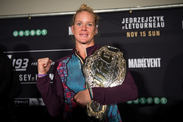 MELBOURNE, AUSTRALIA - NOVEMBER 15:  New UFC women's bantamweight champion Holly Holm of the United States speaks to the media after her victory over Ronda Rousey of the United States during the UFC 193 post fight press conference at Etihad Stadium on November 15, 2015 in Melbourne, Australia.  (Photo by Brandon Magnus/Zuffa LLC/Zuffa LLC via Getty Images)