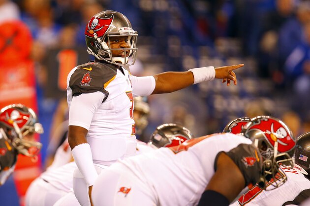 Tampa Bay Buccaneers quarterback Jameis Winston (3) looks over the defense of the Indianapolis Colts during an NFL football game in Indianapolis, Sunday, Nov. 29, 2015. (Jeff Haynes/AP Images for Panini) Tampa Bay Buccaneers quarterback Jameis Winston (3) looks over the defense of the Indianapolis Colts during an NFL football game in Indianapolis, Sunday, Nov. 29, 2015. (Jeff Haynes/AP Images for Panini)