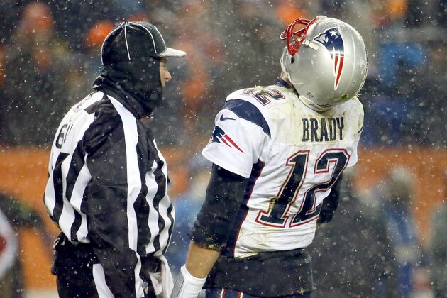 New England Patriots quarterback Tom Brady (12) reacts to a call during the second half of an NFL football game against the Denver Broncos, Sunday, Nov. 29, 2015, in Denver. (AP Photo/Jack Dempsey)
