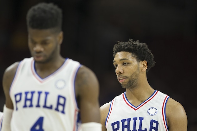 PHILADELPHIA, PA - NOVEMBER 18: Nerlens Noel #4 and Jahlil Okafor #8 of the Philadelphia 76ers walk the court after a turnover in the game against the Indiana Pacers on November 18, 2015 at the Wells Fargo Center in Philadelphia, Pennsylvania. NOTE TO USER: User expressly acknowledges and agrees that, by downloading and or using this photograph, User is consenting to the terms and conditions of the Getty Images License Agreement. The Pacers defeated the 76ers 112-85. (Photo by Mitchell Leff/Getty Images)