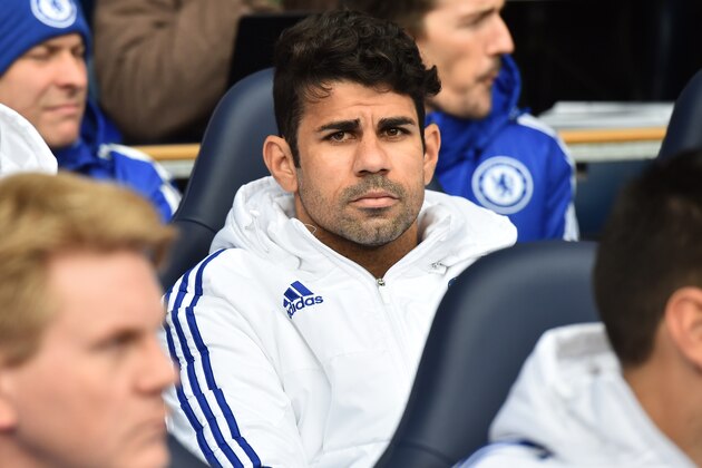 Chelsea's Brazilian-born Spanish striker Diego Costa sits on the bench before the English Premier League football match between Tottenham Hotspur and Chelsea at White Hart Lane in north London on November 29, 2015.     AFP PHOTO / BEN STANSALL

RESTRICTED TO EDITORIAL USE. No use with unauthorized audio, video, data, fixture lists, club/league logos or 'live' services. Online in-match use limited to 75 images, no video emulation. No use in betting, games or single club/league/player publications. / AFP / BEN STANSALL        (Photo credit should read BEN STANSALL/AFP/Getty Images)