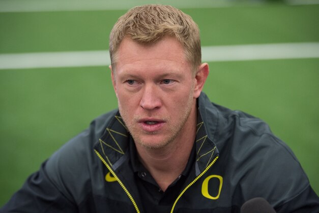 January 10, 2015; Arlington, TX, USA; Oregon Ducks offensive coordinator Scott Frost addresses the media during Media Day for the College Football Playoff National Championship at Dallas Convention Center. Mandatory Credit: Kyle Terada-USA TODAY Sports