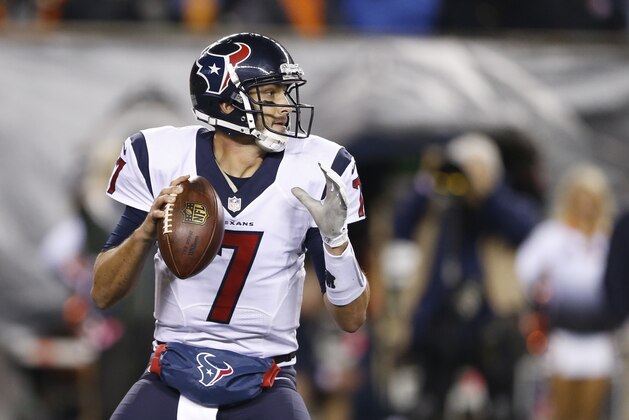 Houston Texans quarterback Brian Hoyer (7) in the second half of an NFL football game against the Cincinnati Bengals in Cincinnati, Monday, Nov. 16, 2015.  (AP Photo/Gary Landers)