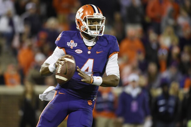 Clemson quarterback Deshaun Watson (4) looks to pass during the second half of an NCAA college football game against Wake Forest on Saturday, Nov. 21, 2015, in Clemson, S.C. (AP Photo/Rainier Ehrhardt)